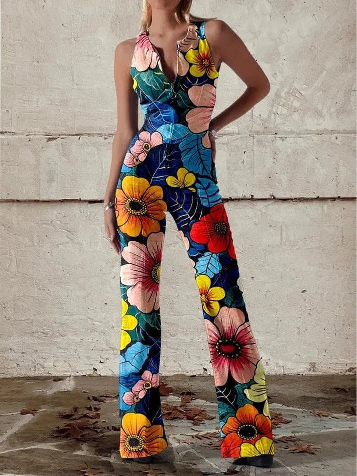 Retro Print Deep V - neck Flared - sleeve Jumpsuit