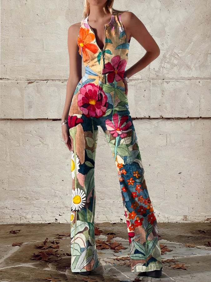 Retro Print Deep V - neck Flared - sleeve Jumpsuit