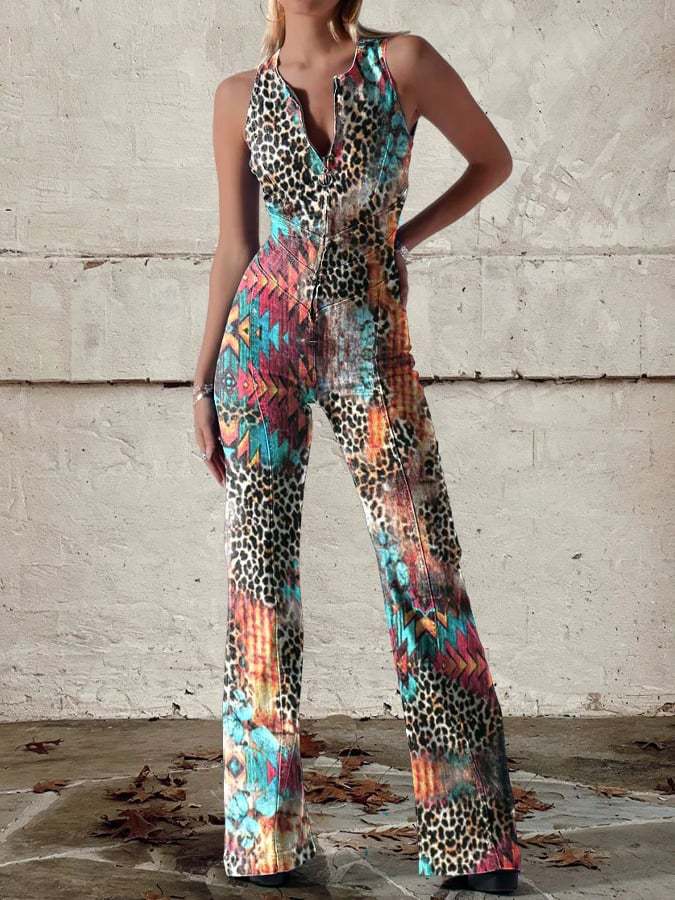 Retro Print Deep V - neck Flared - sleeve Jumpsuit