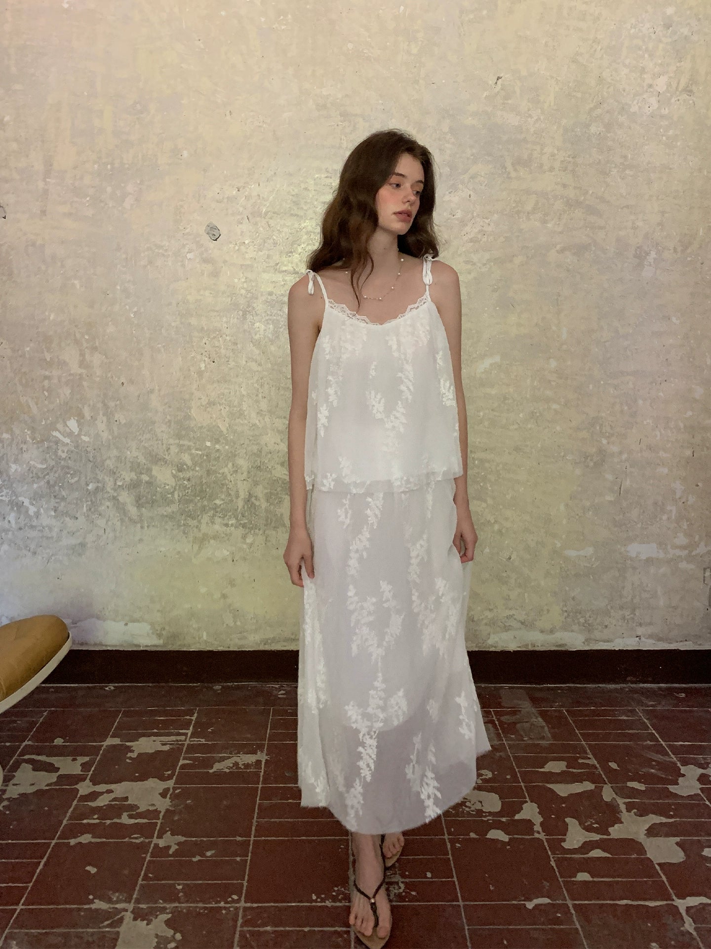 White Embroidered Spaghetti - Strap Two - Piece Maxi Dress