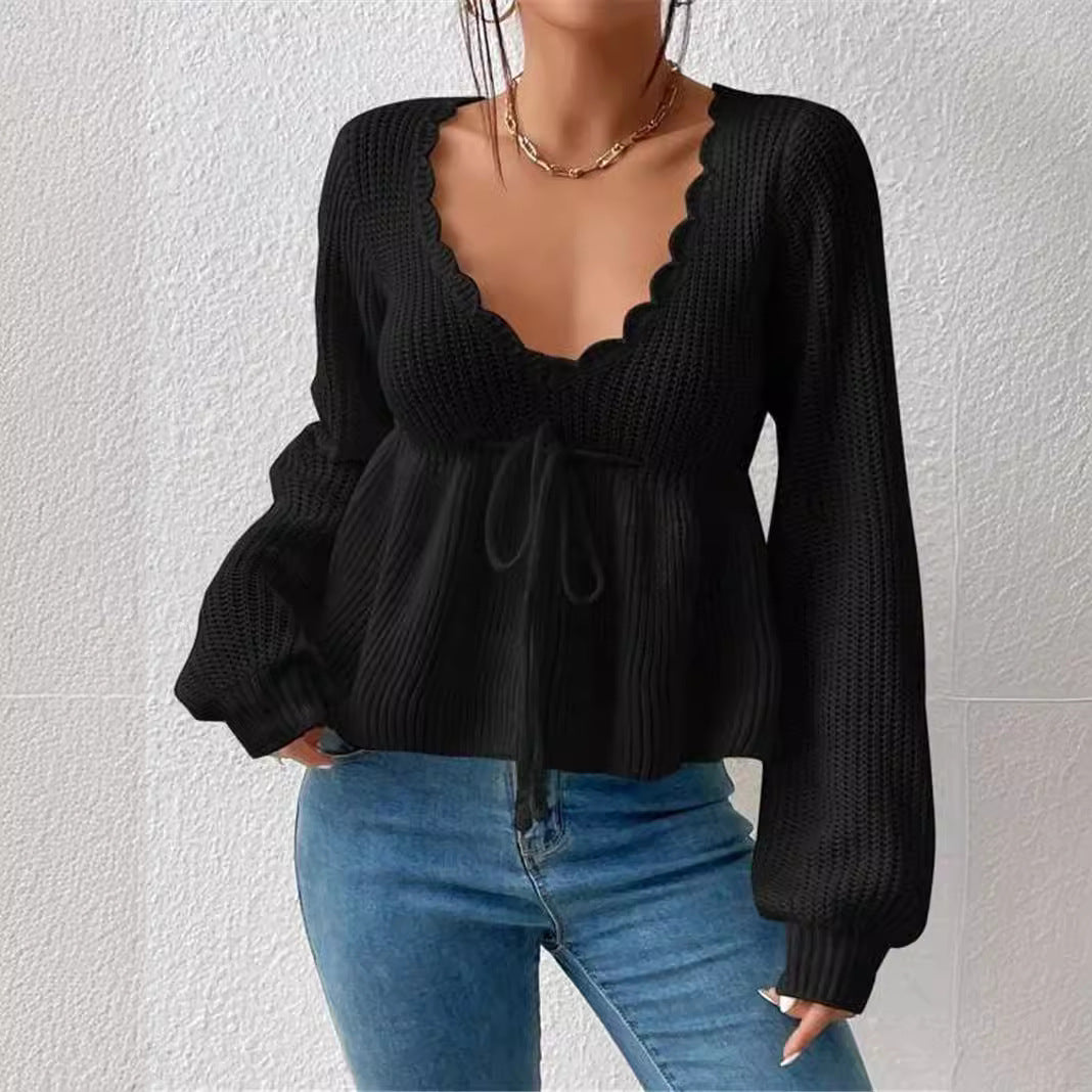 Deep V - Neck Ruffled Knit Top