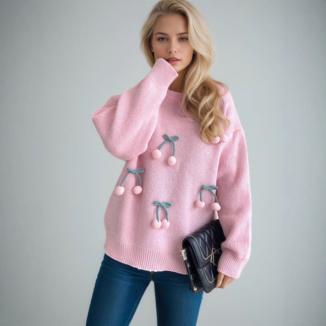 Color - Blocked Three - Dimensional Cherry Knitted Loose Pullover Sweater