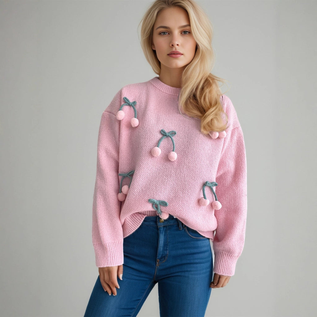 Color - Blocked Three - Dimensional Cherry Knitted Loose Pullover Sweater
