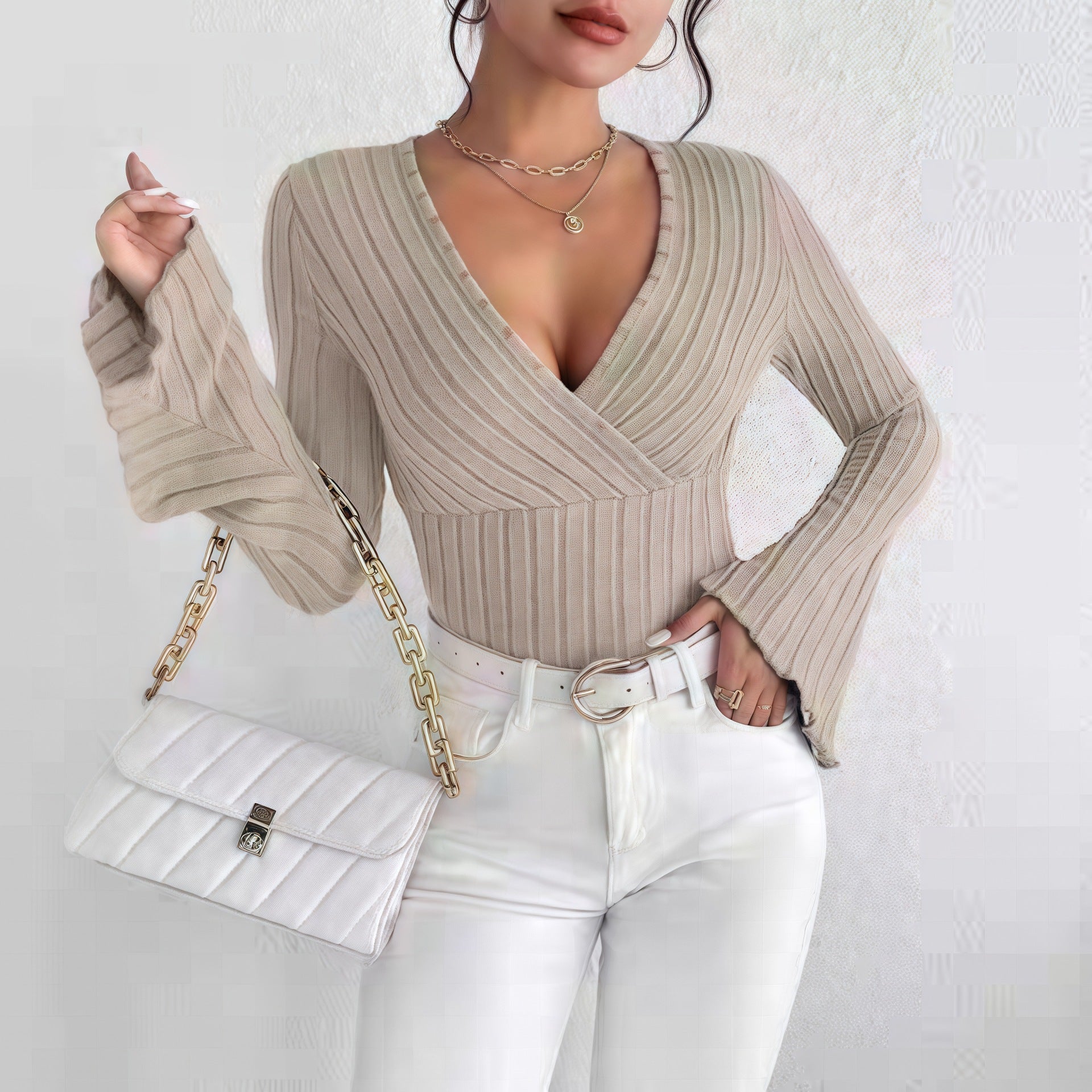 Deep - V Cross - Neck Flared - Sleeve Knit Top