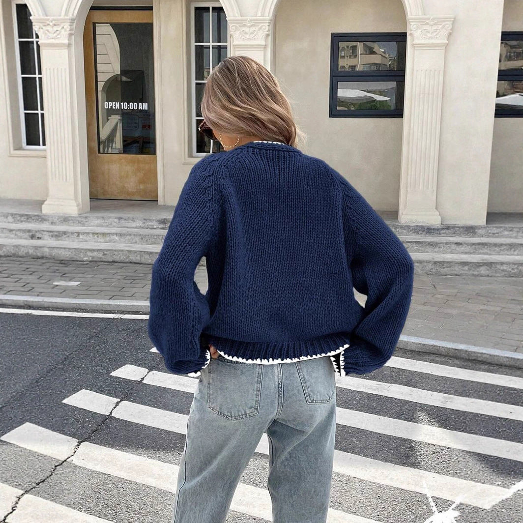 Color - Block Trim Cropped Knit Cardigan