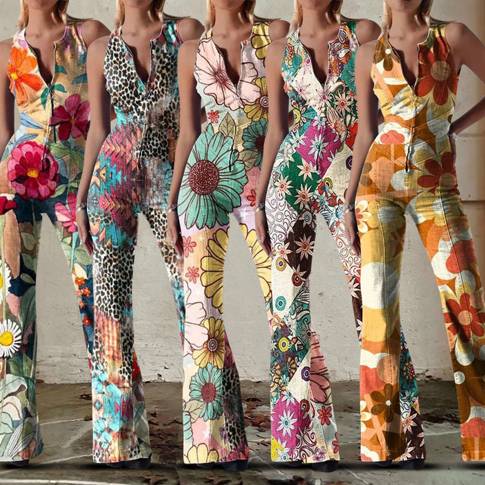 Retro Print Deep V - neck Flared - sleeve Jumpsuit