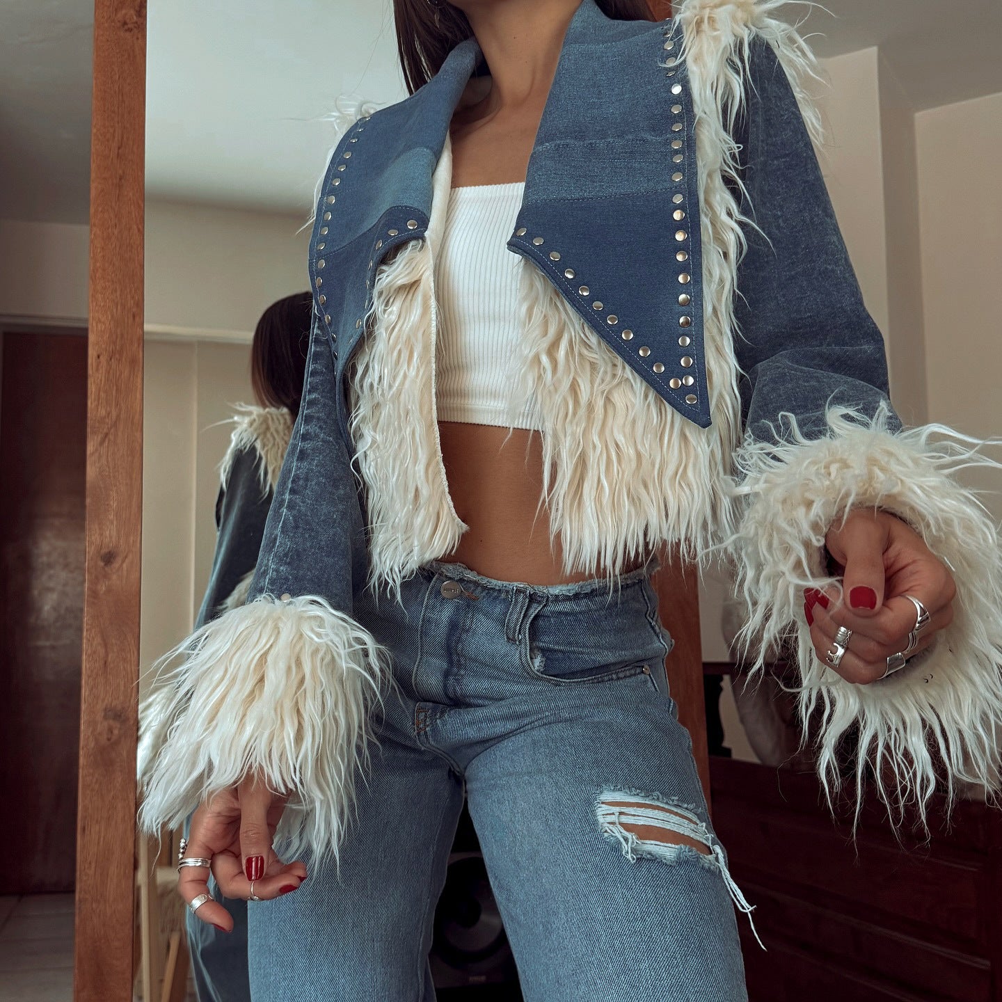 Fur - Panelled Rivet Denim Short Jacket