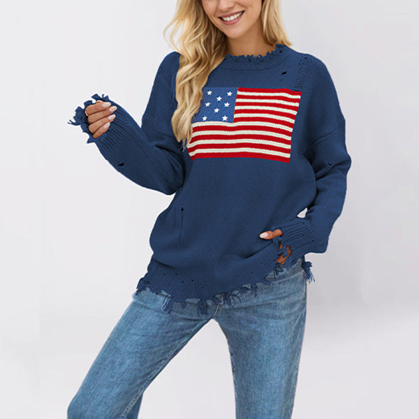 Distressed American Flag Pattern Knit Sweater