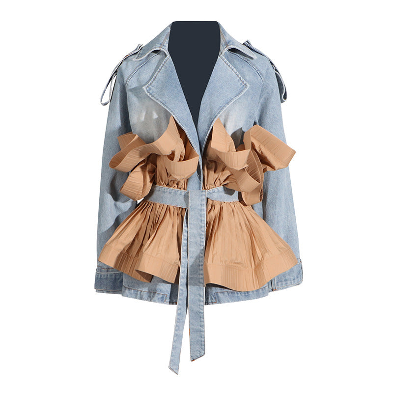 Denim Patchwork 3D Pleated Trench Coat