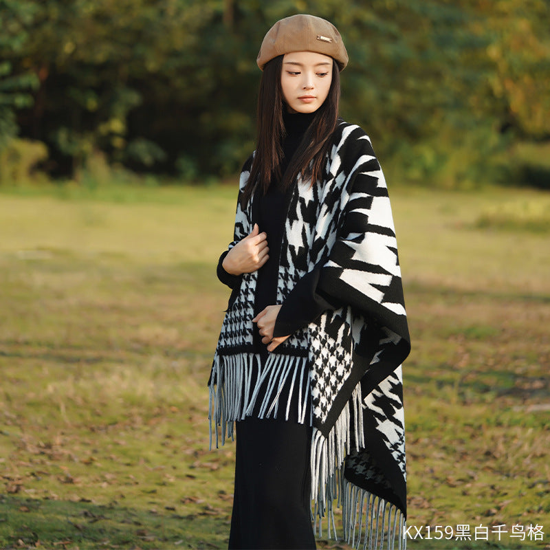 New Ink Painting Shawl High-End Travel Decoration Exterior Shawl Long Retro Cloak Tassel Cloak