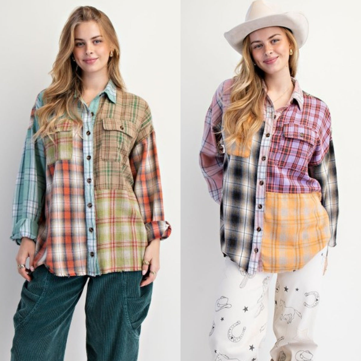 Color - Blocked Plaid Retro Loose Shirt