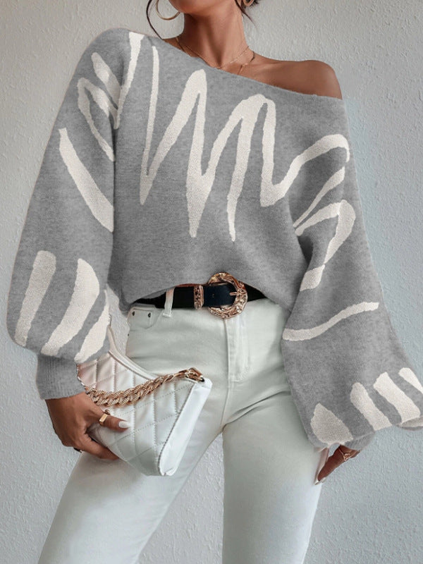 Abstract Line Pattern Lantern - Sleeve Knit Top