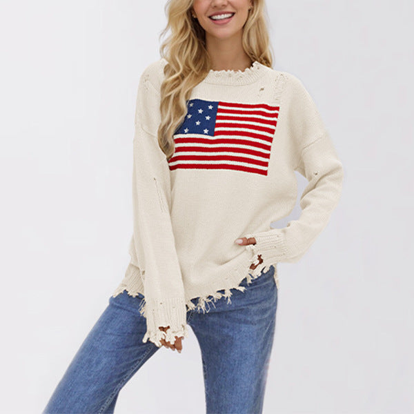 Distressed American Flag Pattern Knit Sweater