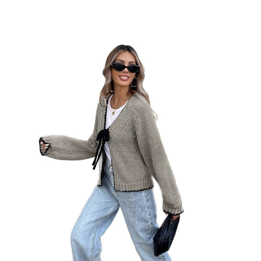 Color - Block Trim Cropped Knit Cardigan