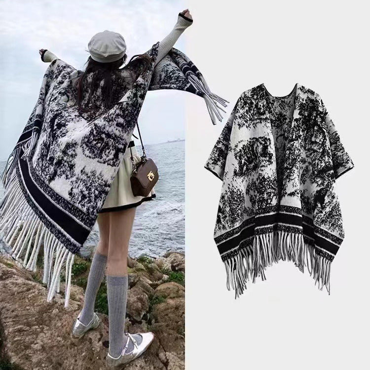 New Ink Painting Shawl High-End Travel Decoration Exterior Shawl Long Retro Cloak Tassel Cloak