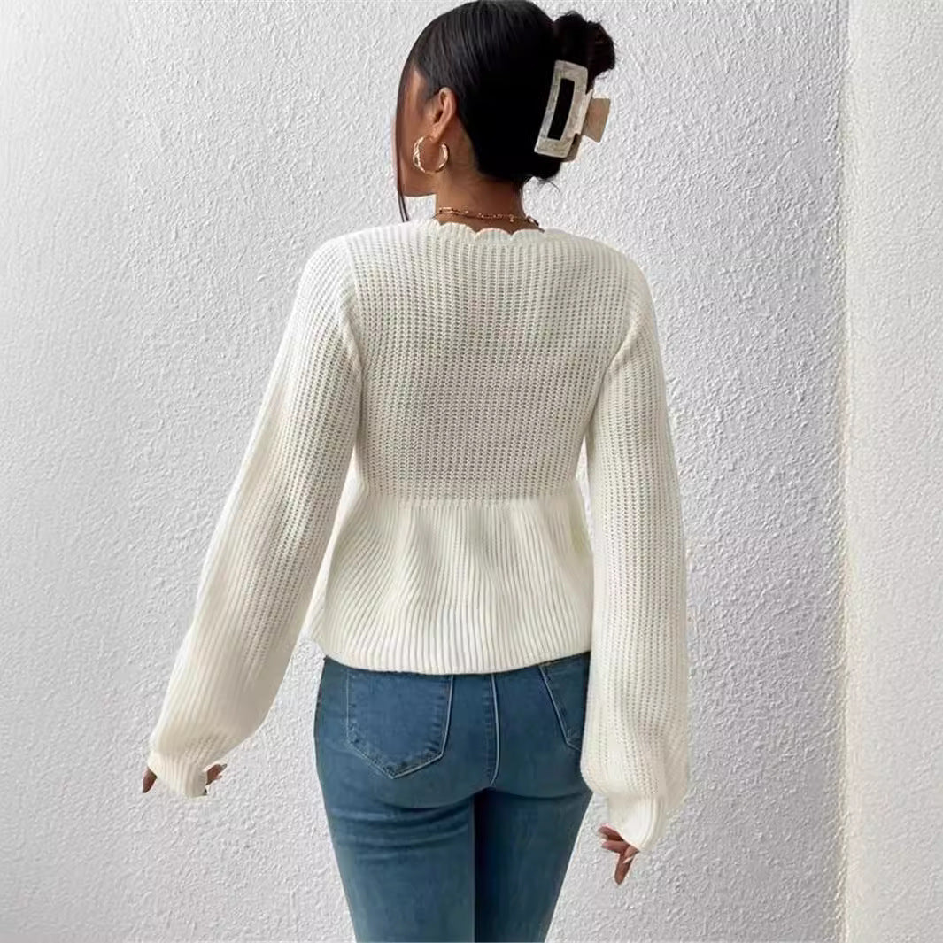 Deep V - Neck Ruffled Knit Top