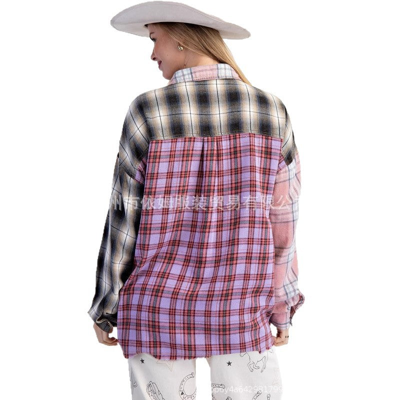 Color - Blocked Plaid Retro Loose Shirt