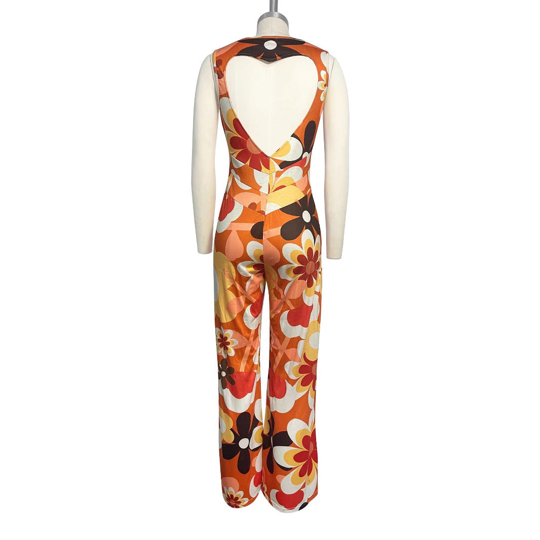 Retro Print Deep V - neck Flared - sleeve Jumpsuit