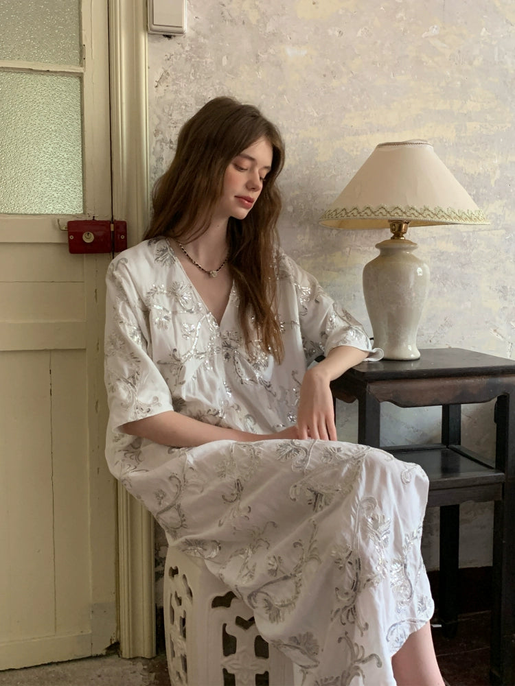 White Sequin - Embroidered V - Neck Half - Sleeve Maxi Dress