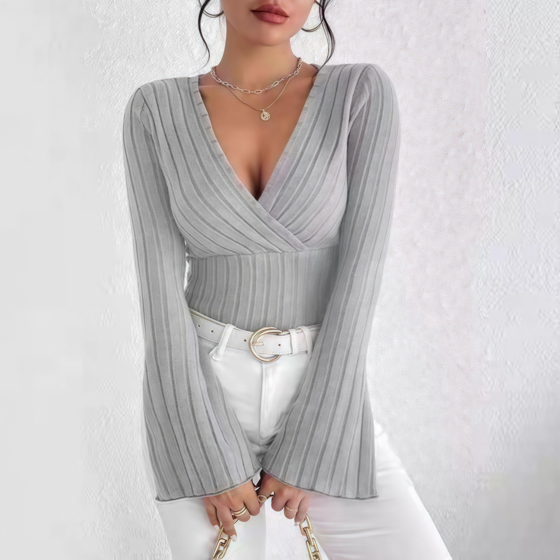 Deep - V Cross - Neck Flared - Sleeve Knit Top