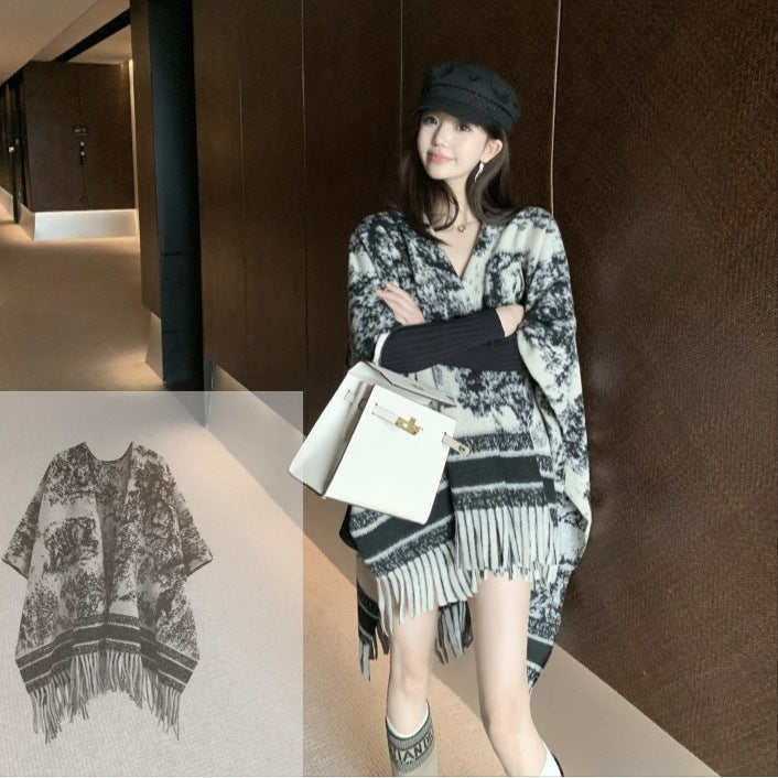 New Ink Painting Shawl High-End Travel Decoration Exterior Shawl Long Retro Cloak Tassel Cloak