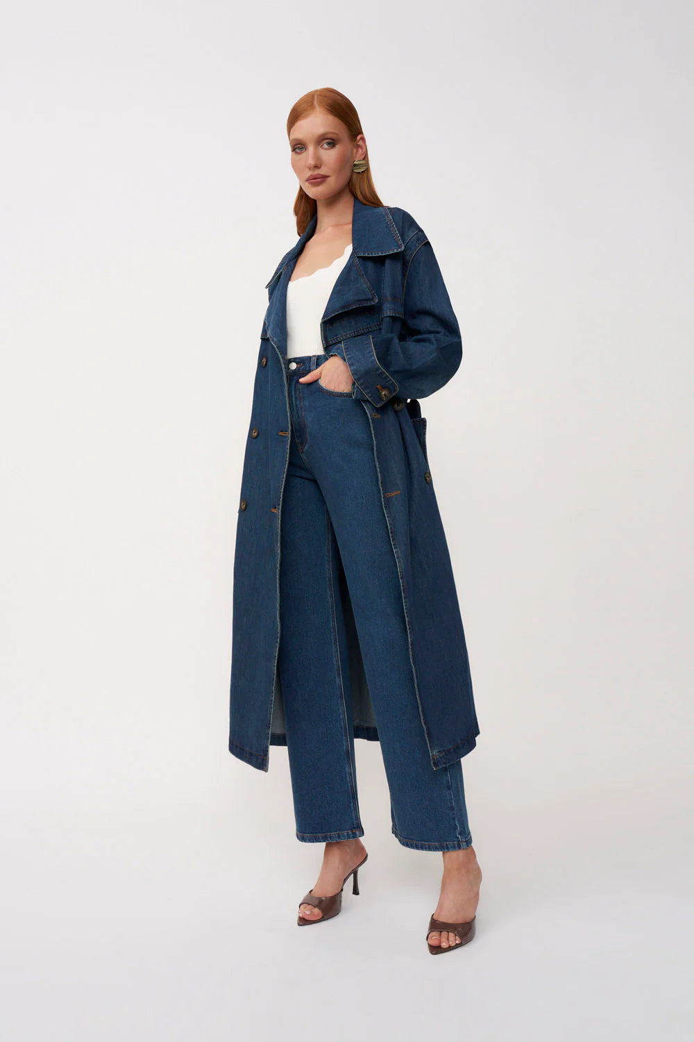 Button - Tied Denim Trench Coat - Dark Blue Denim