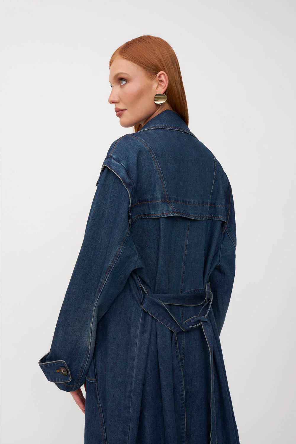 Button - Tied Denim Trench Coat - Dark Blue Denim