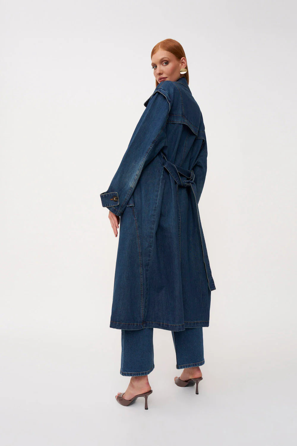Button - Tied Denim Trench Coat - Dark Blue Denim