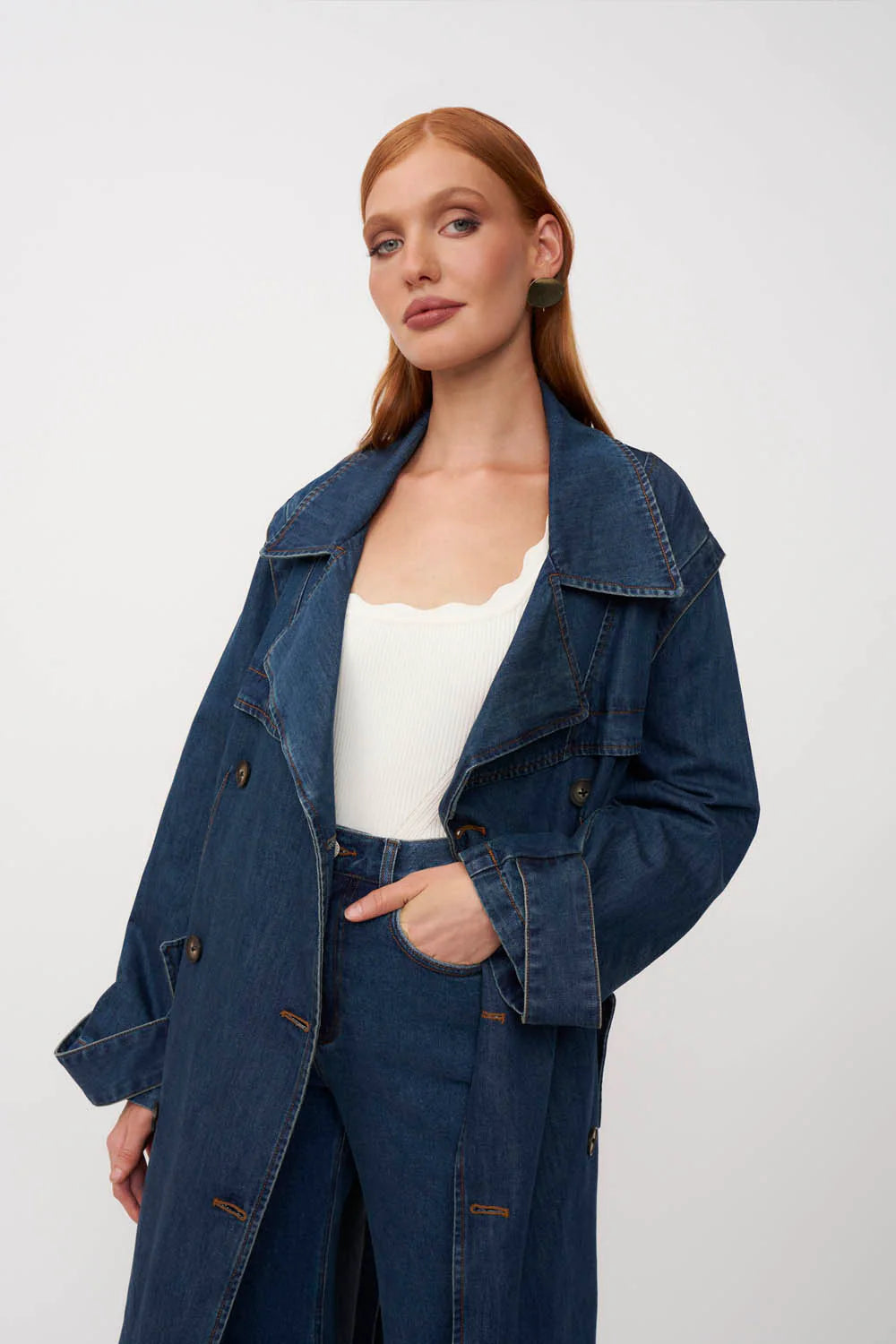 Button - Tied Denim Trench Coat - Dark Blue Denim