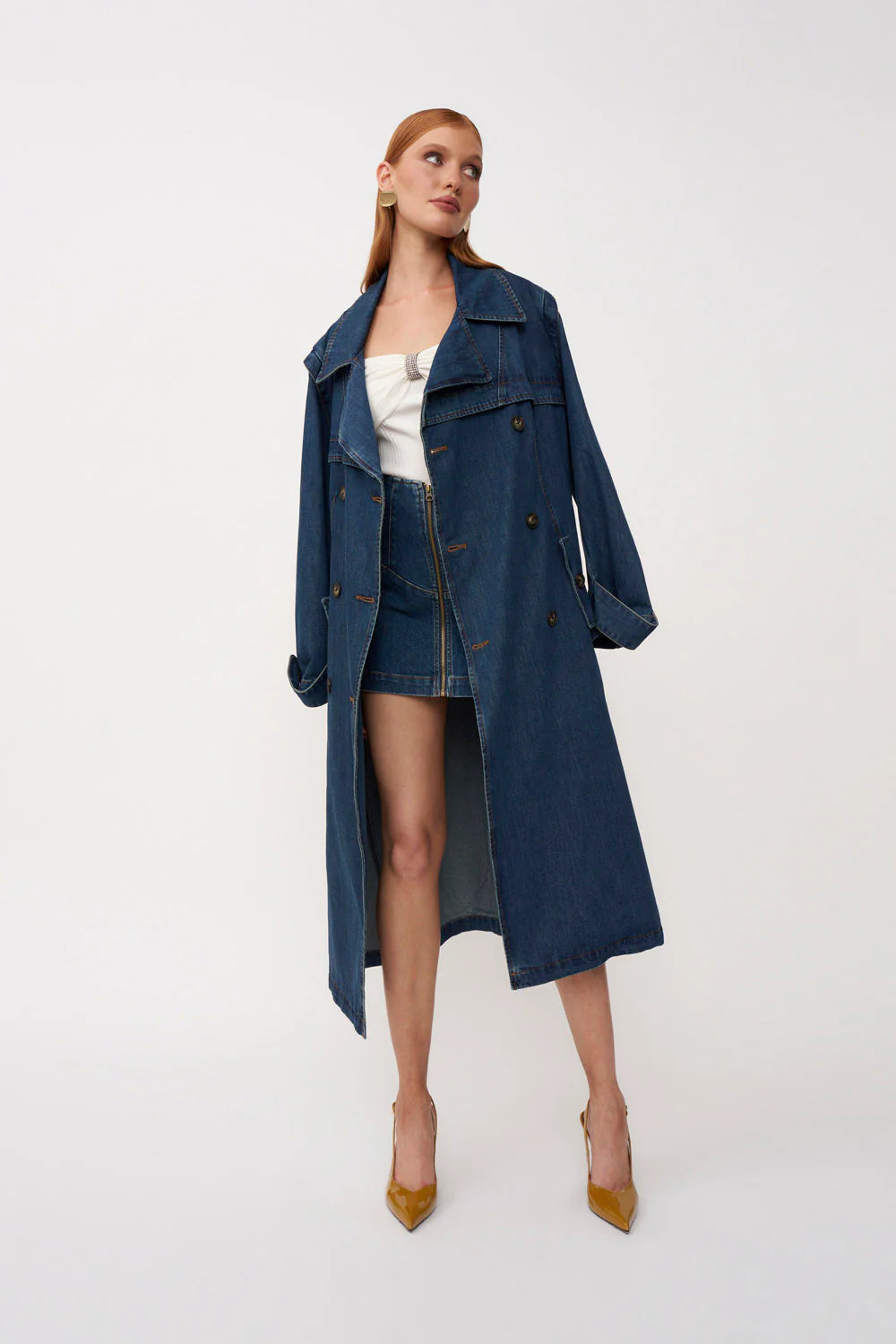 Button - Tied Denim Trench Coat - Dark Blue Denim