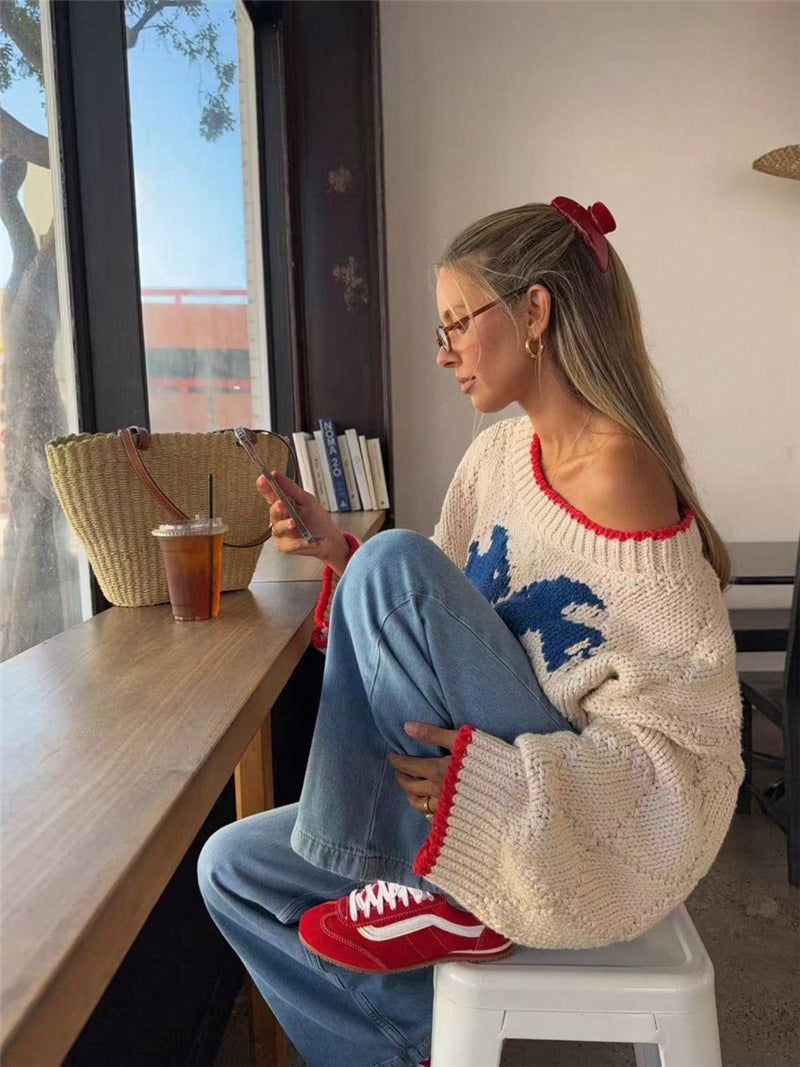 Color - Block Trim Cartoon - Jacquard Crop Sweater
