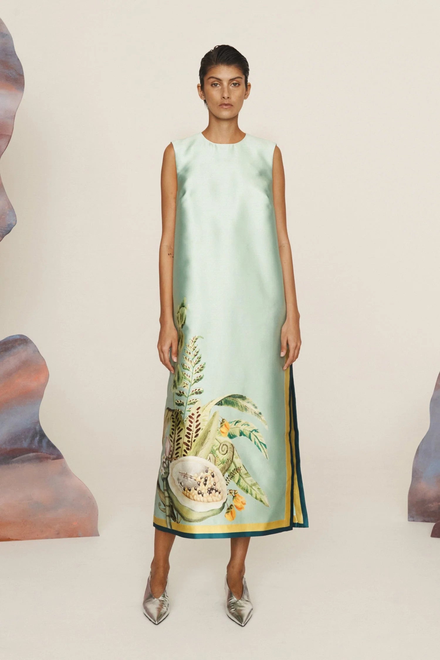 Botanical - Printed Satin Sleeveless Maxi Dress