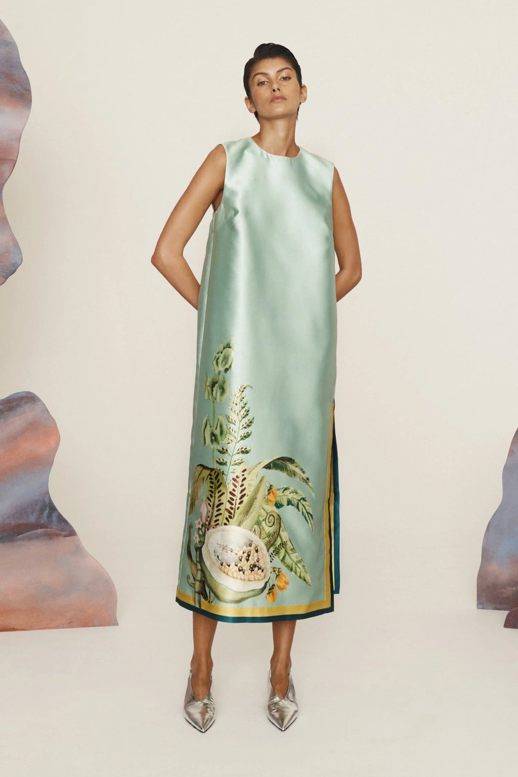 Botanical - Printed Satin Sleeveless Maxi Dress
