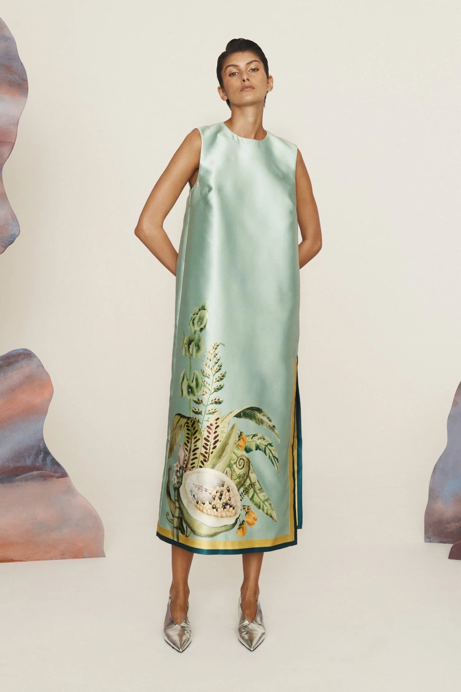 Botanical - Printed Satin Sleeveless Maxi Dress