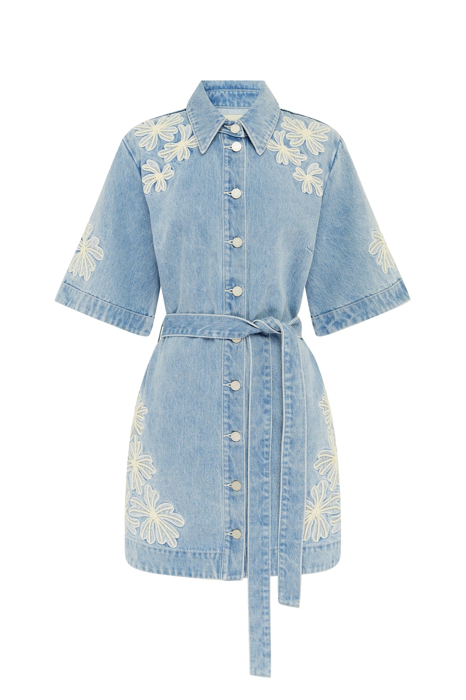 Daisy - Embroidered Denim Tie - Waist Jumpskirt