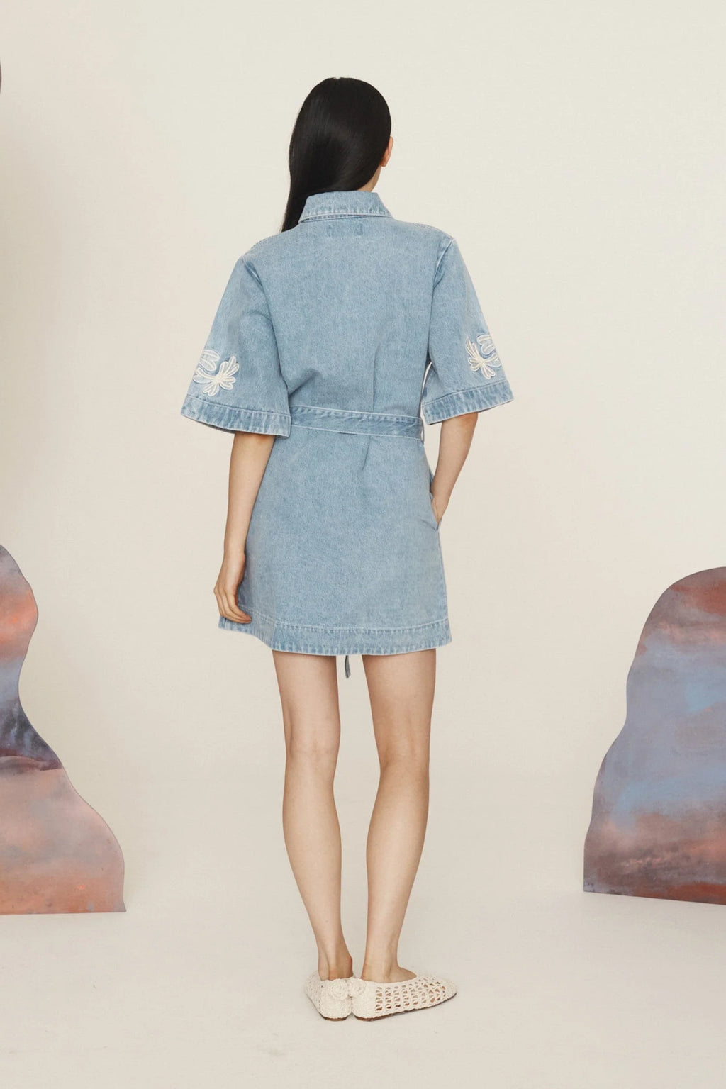Daisy - Embroidered Denim Tie - Waist Jumpskirt