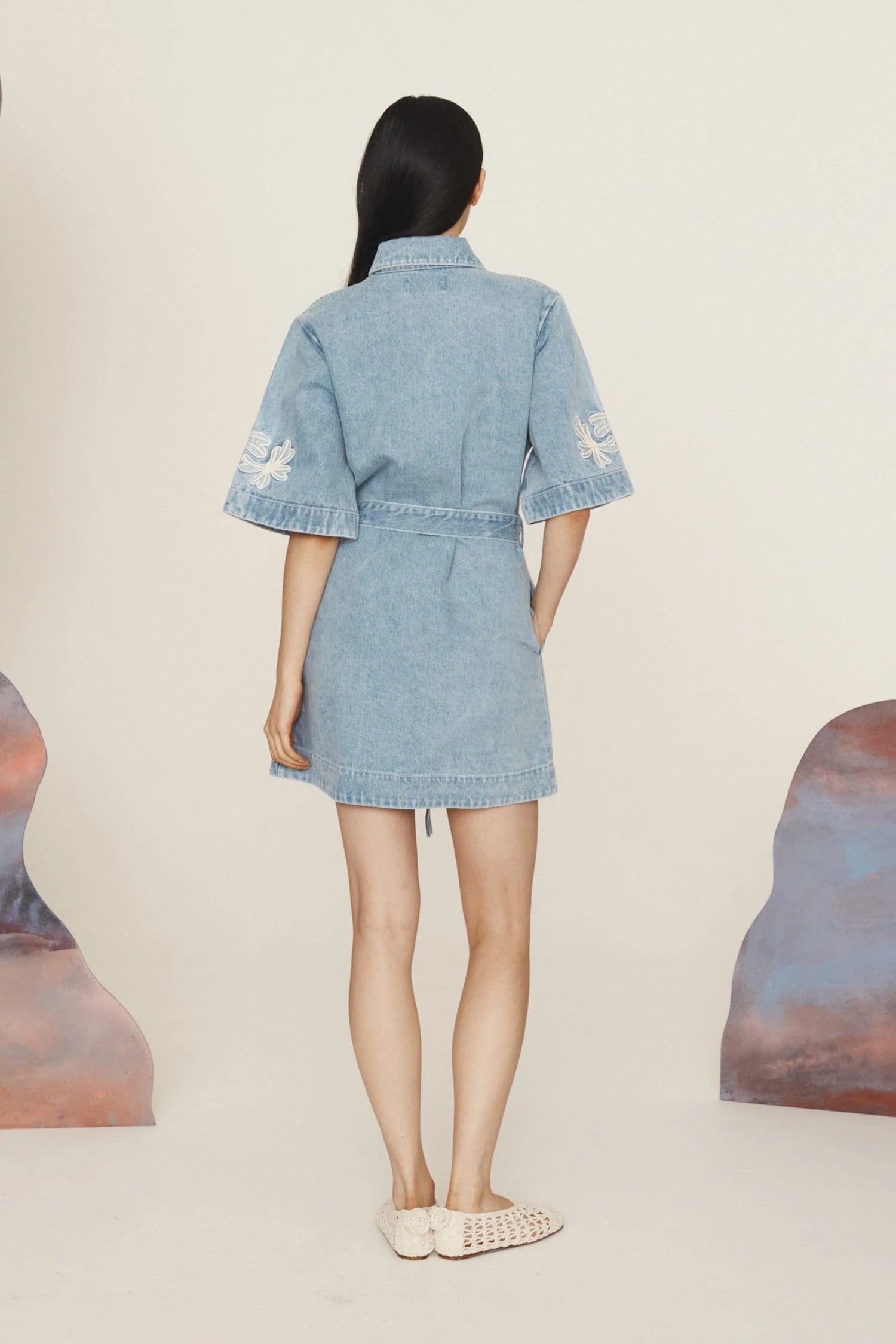 Daisy - Embroidered Denim Tie - Waist Jumpskirt