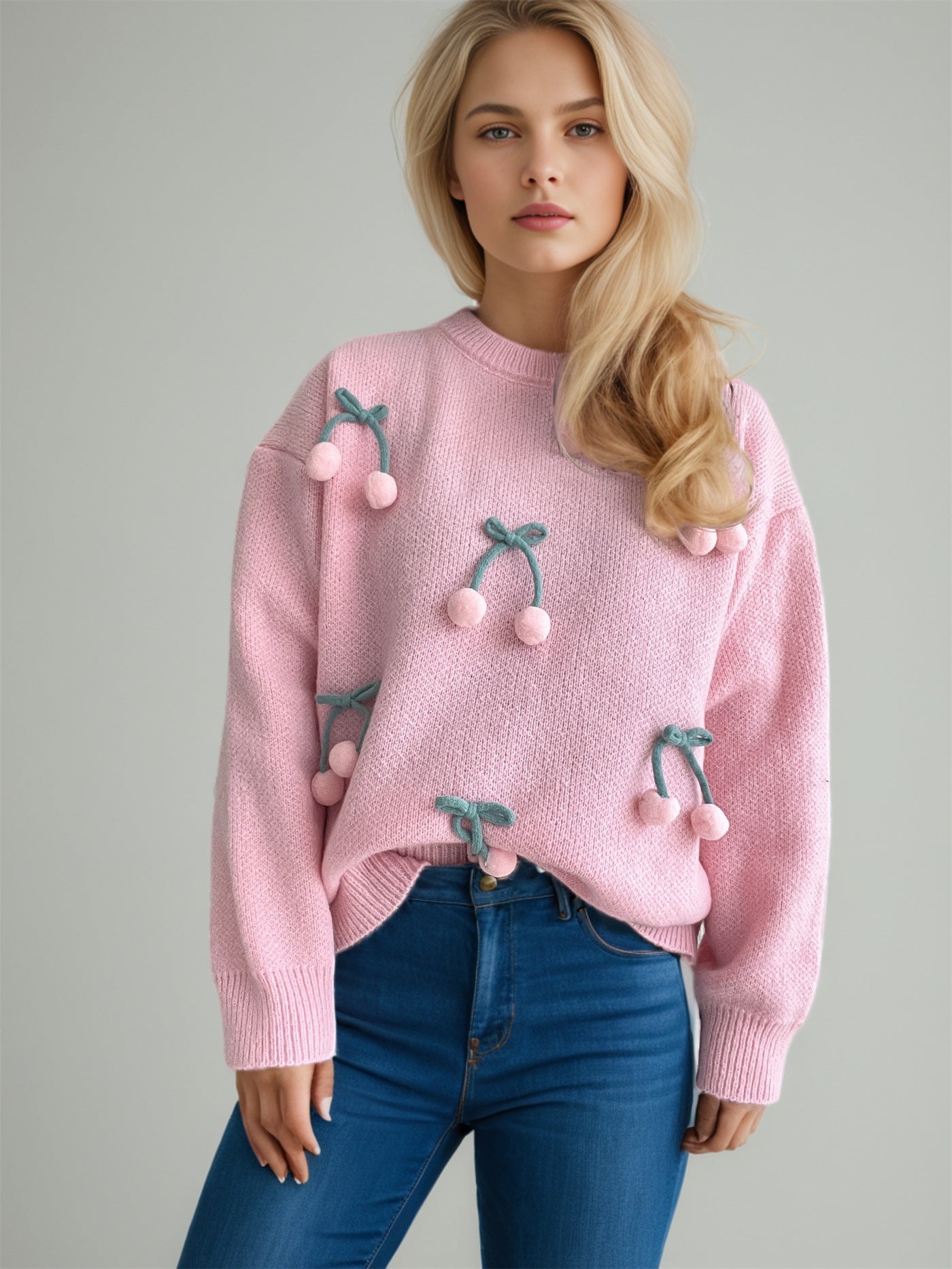 Color - Blocked Three - Dimensional Cherry Knitted Loose Pullover Sweater