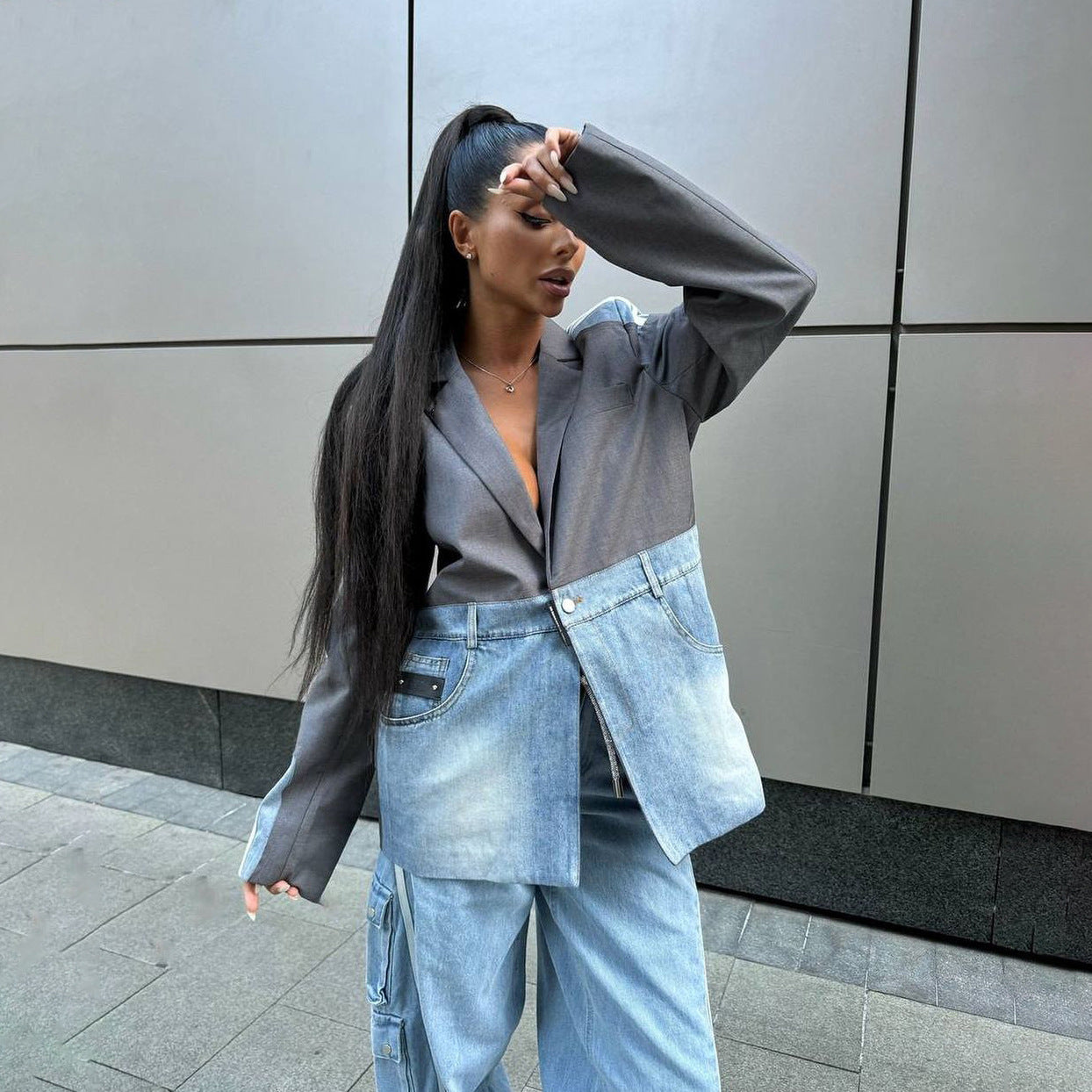 Color - Block Patchwork Suit - Collar Denim Jacket