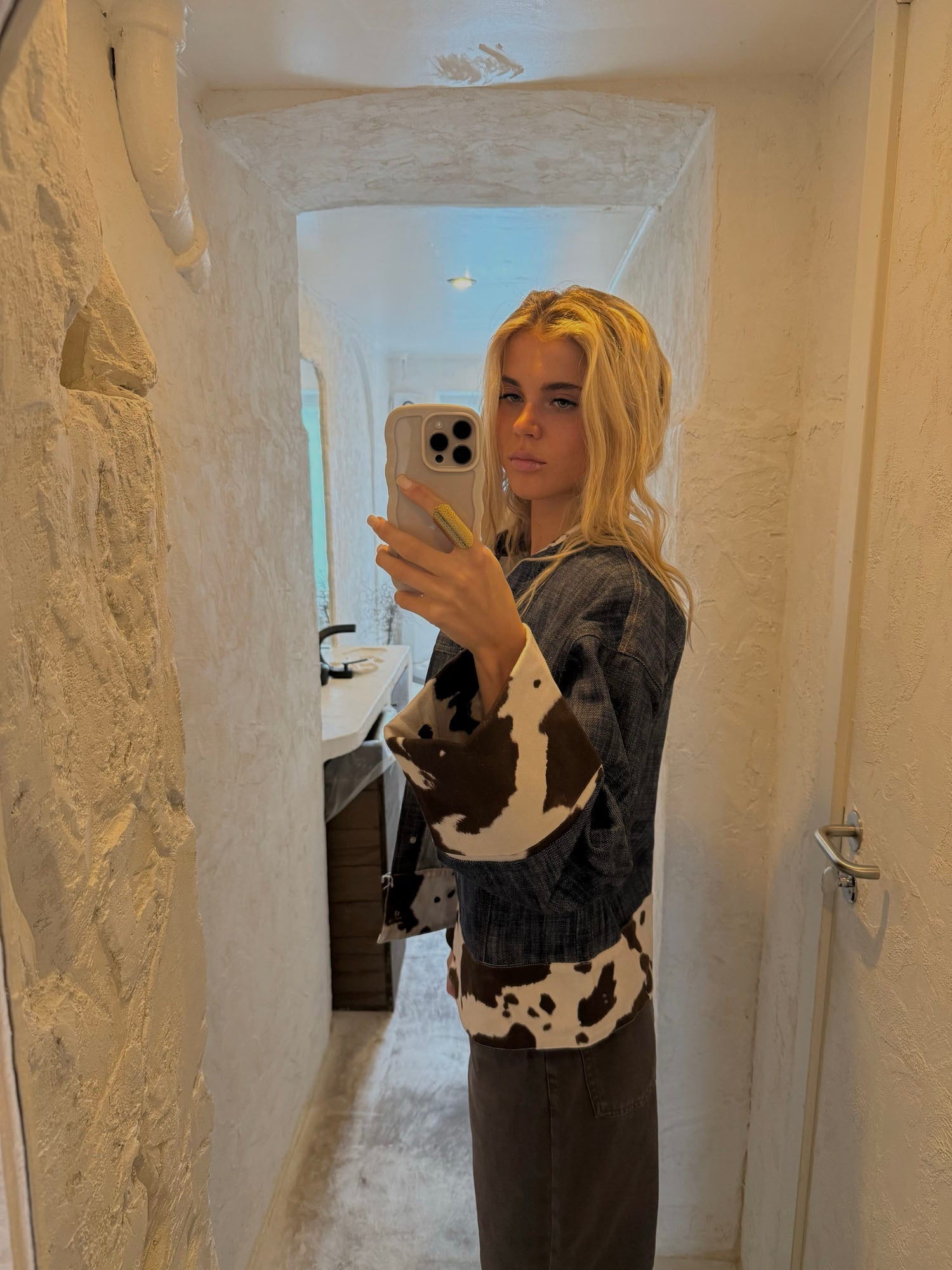 Cow Print Patchwork Denim Jacket