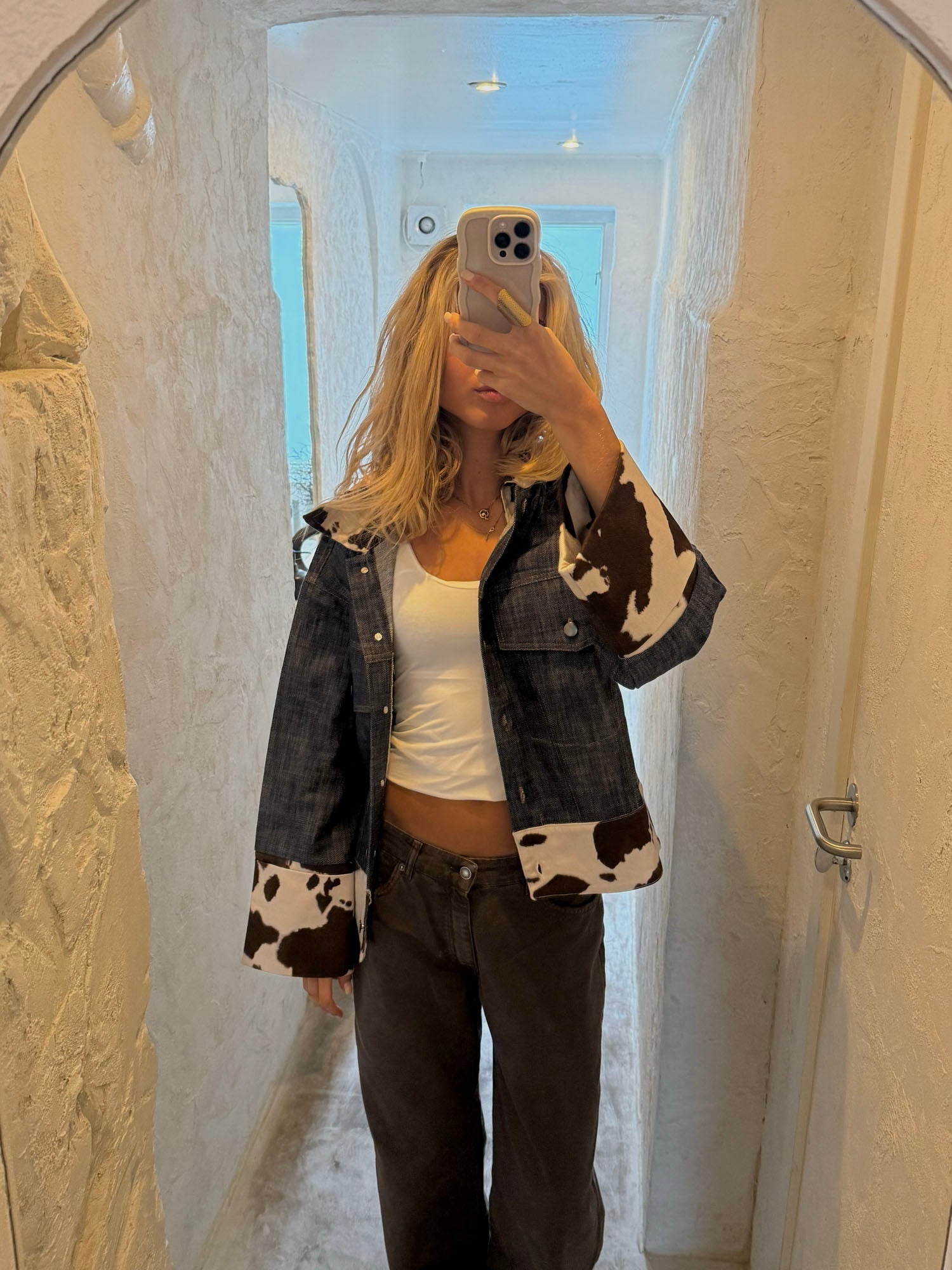 Cow Print Patchwork Denim Jacket