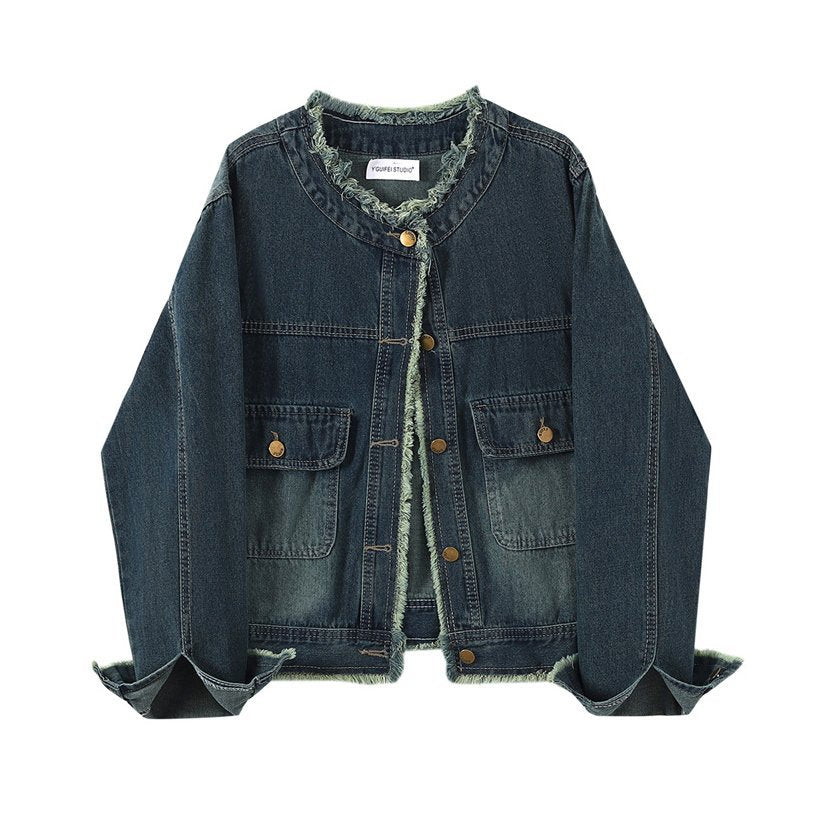Frayed Round Neck Denim Jacket