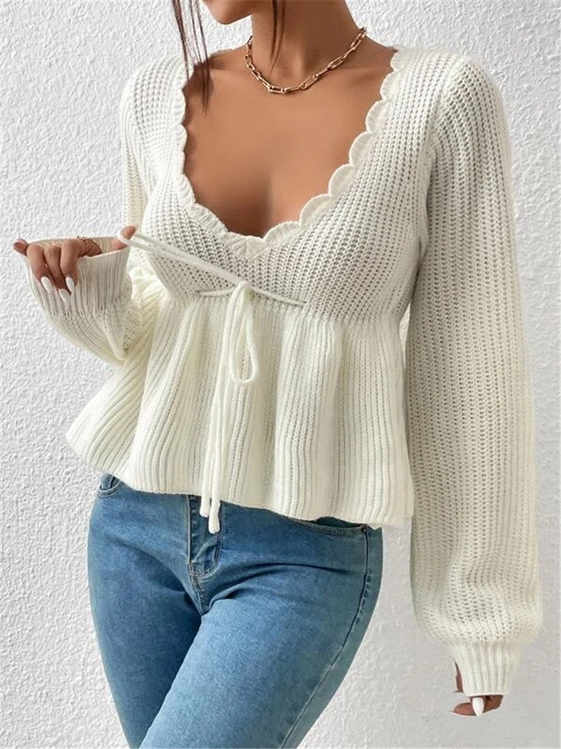 Deep V - Neck Ruffled Knit Top