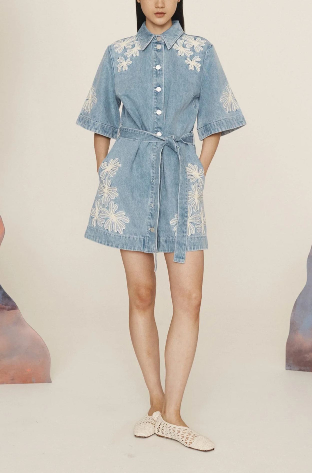 Daisy - Embroidered Denim Tie - Waist Jumpskirt
