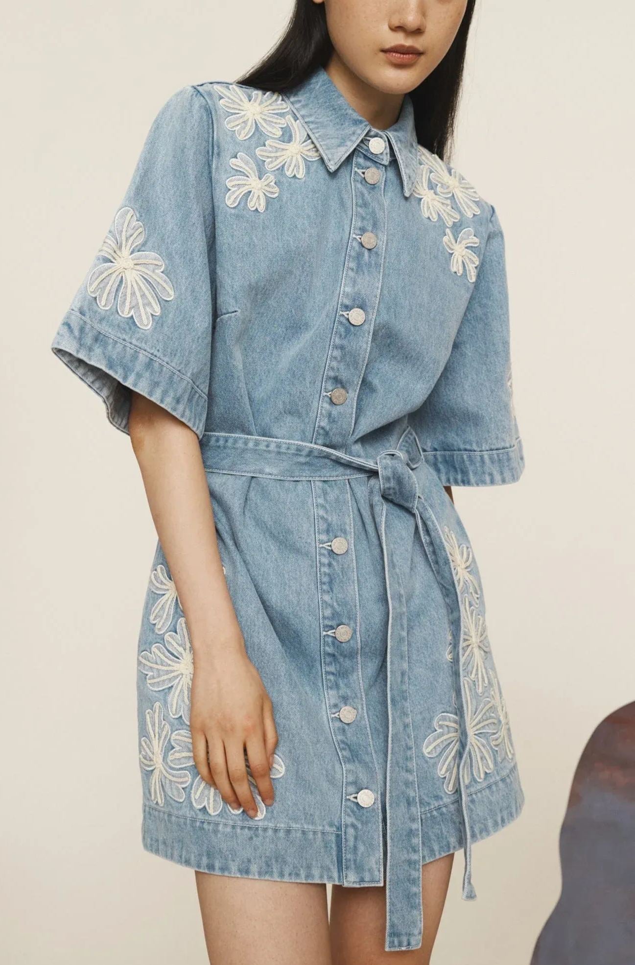 Daisy - Embroidered Denim Tie - Waist Jumpskirt