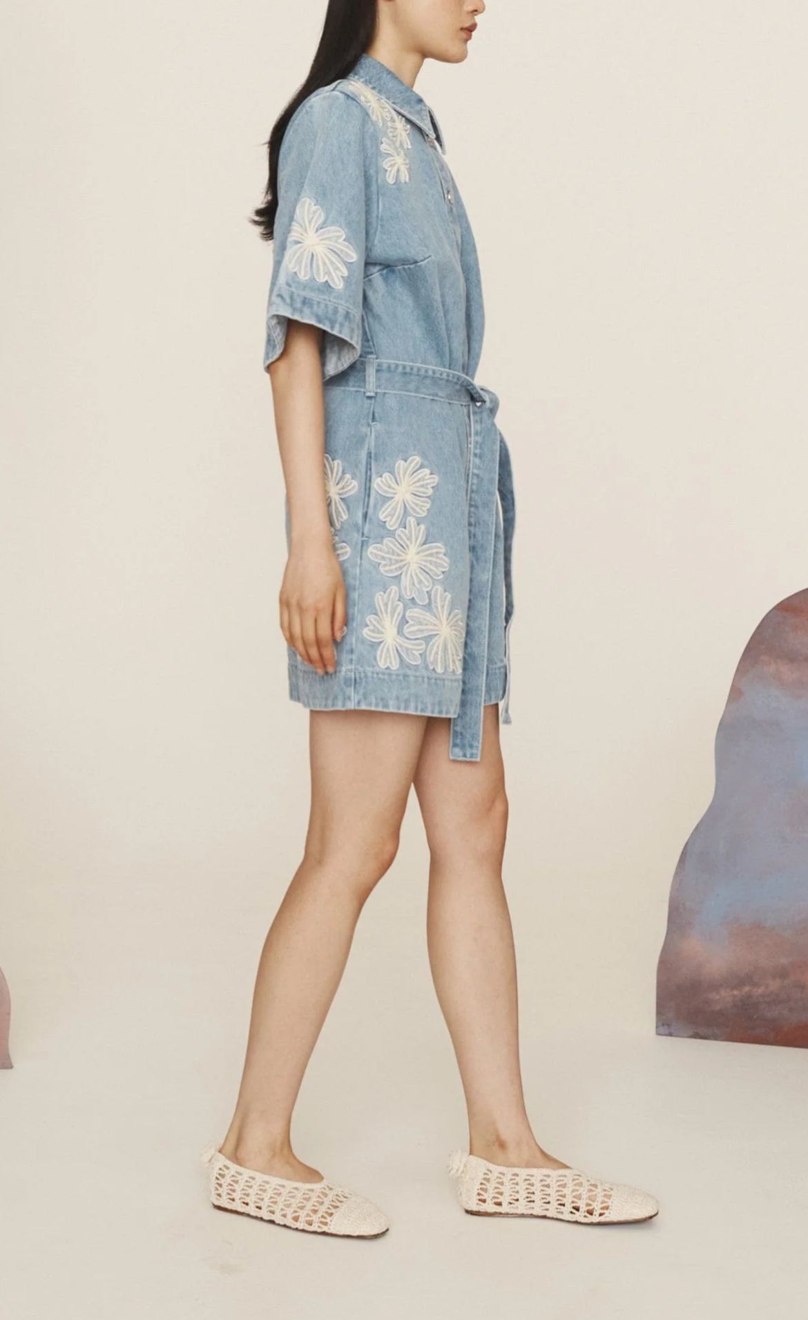 Daisy - Embroidered Denim Tie - Waist Jumpskirt