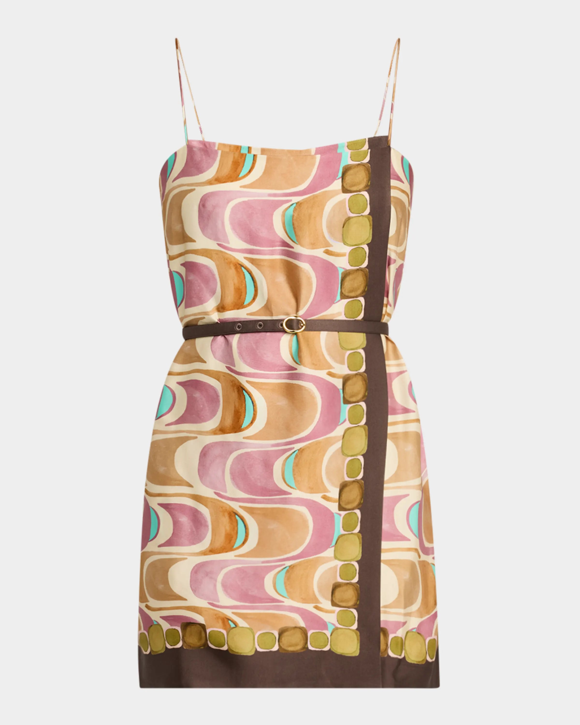 Color - Blocked Wave - Patterned Printed Spaghetti - Strap Dress