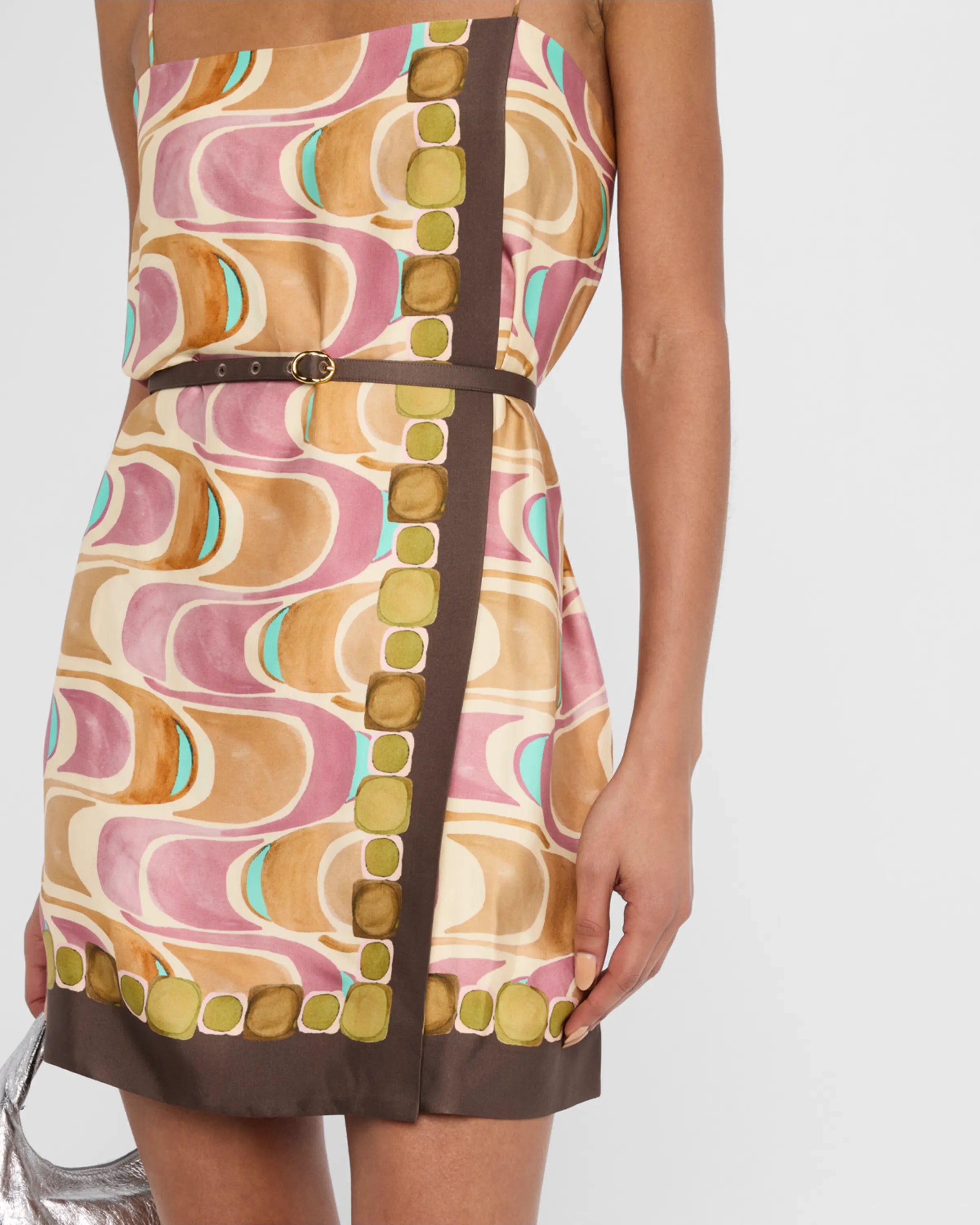 Color - Blocked Wave - Patterned Printed Spaghetti - Strap Dress