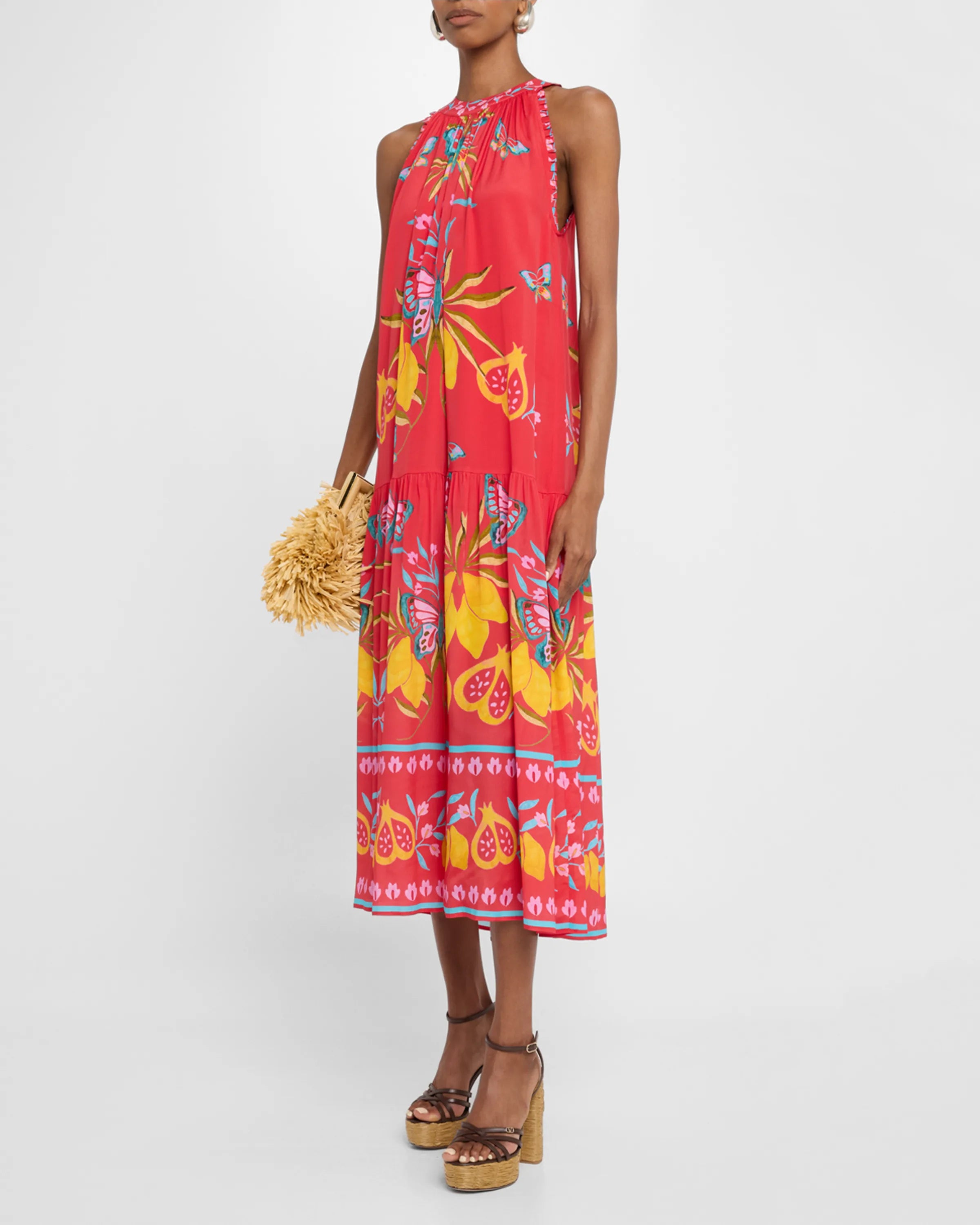 Red Fruit - Floral Printed Halter Sleeveless Maxi Dress
