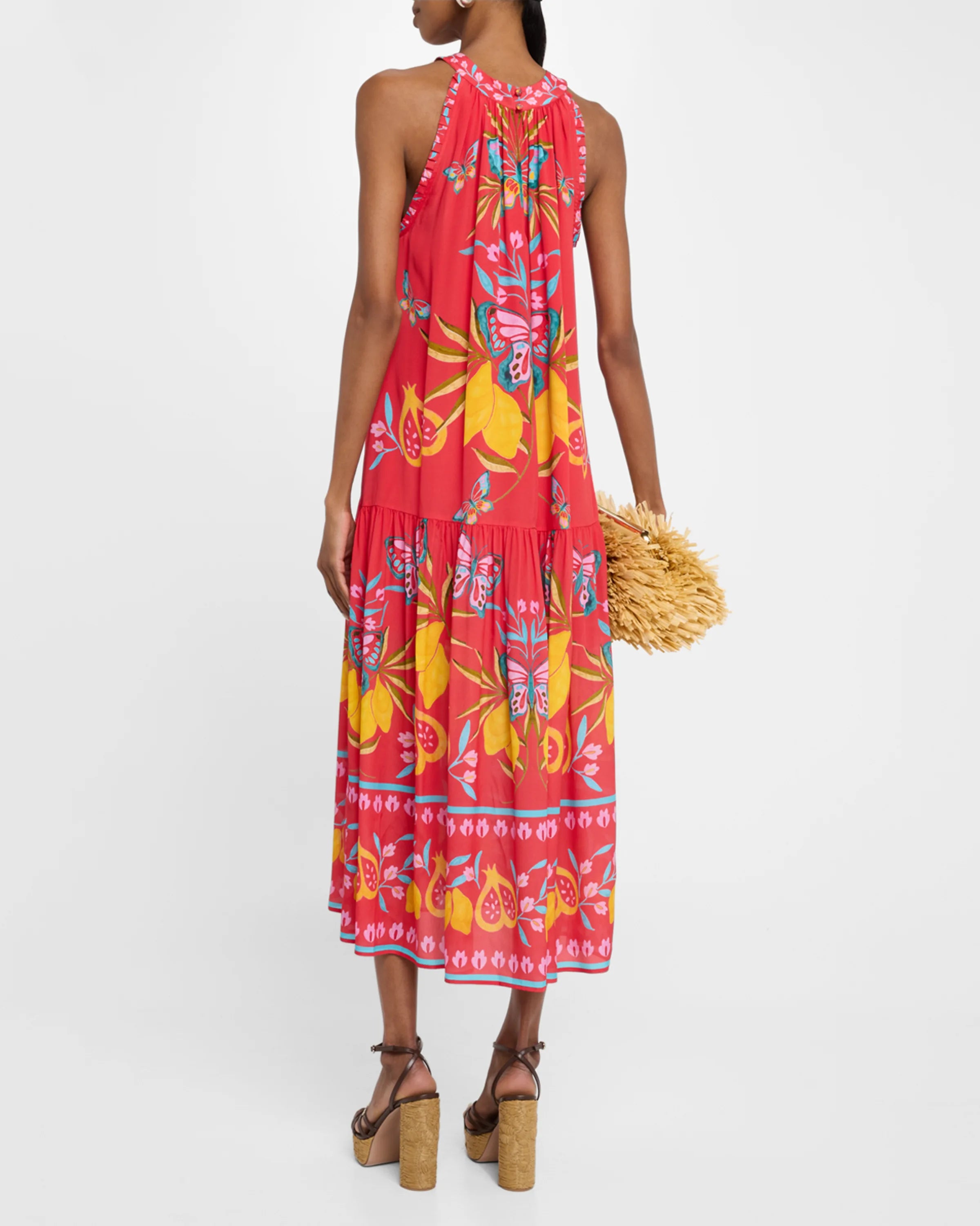 Red Fruit - Floral Printed Halter Sleeveless Maxi Dress